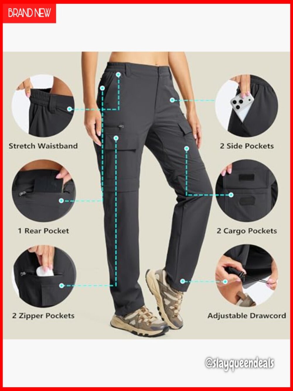 Convertible Hiking Pants Lightweight Quick Dry Stretch Zip Off 7 Pockets - Picture 6 of 7